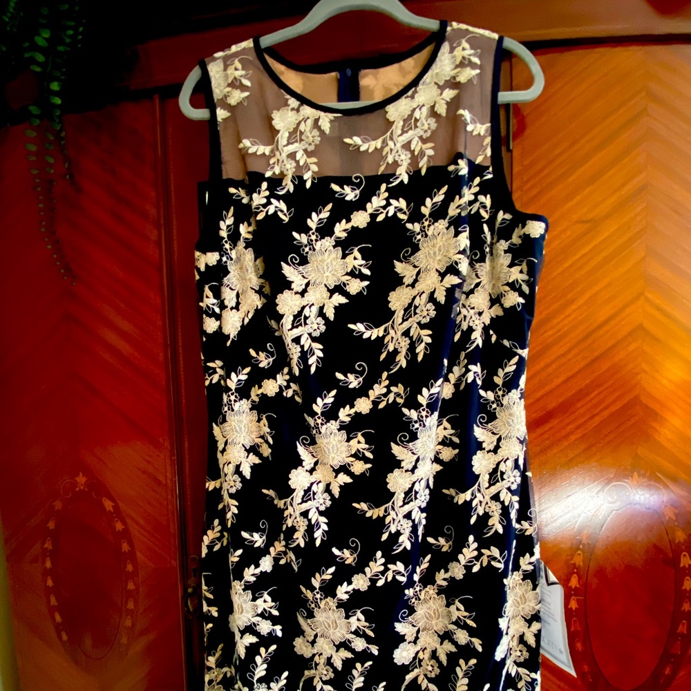 Dark Navy sleeveless dress with lace detailing.